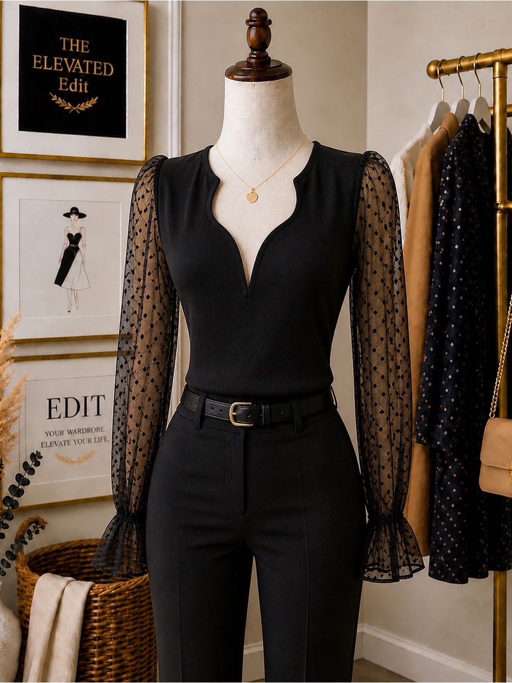 NWOT Boutique Black Sheer Polka Dot Sleeve Blouse • Deep V-Neck Chic Top